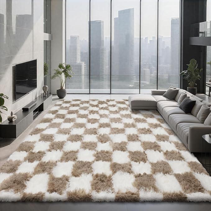 Checkered Area Rugs for Living Room 6x9, Fluffy Beige and White Checkered Rug by Boshengya