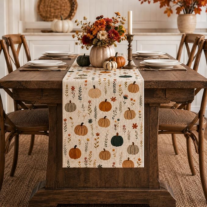 Fall Table Runner 13×60 Inch, Watercolor Pumpkin Floral Autumn Table Decor | by Unknown