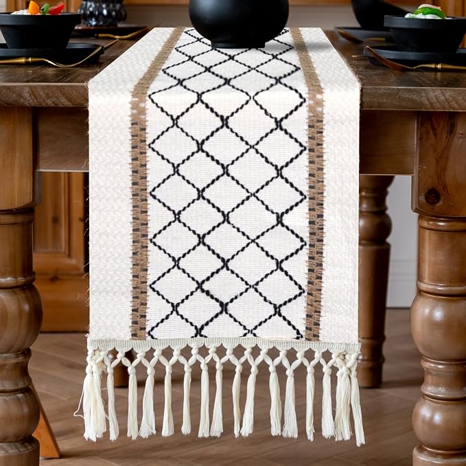 EMMTEEY Macrame Table Runner Boho Style 94 Inches Long, Hexagonal Black | - Image 5