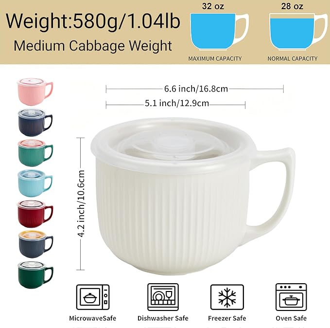 Ceramic Soup Bowl with Handle & Lid, 32oz Microwave Ramen Bowl Set of 2 | White - Image 3