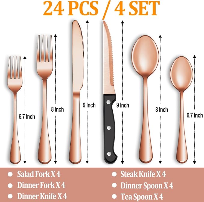 24 Pcs Rose Gold Silverware Set - Image 2