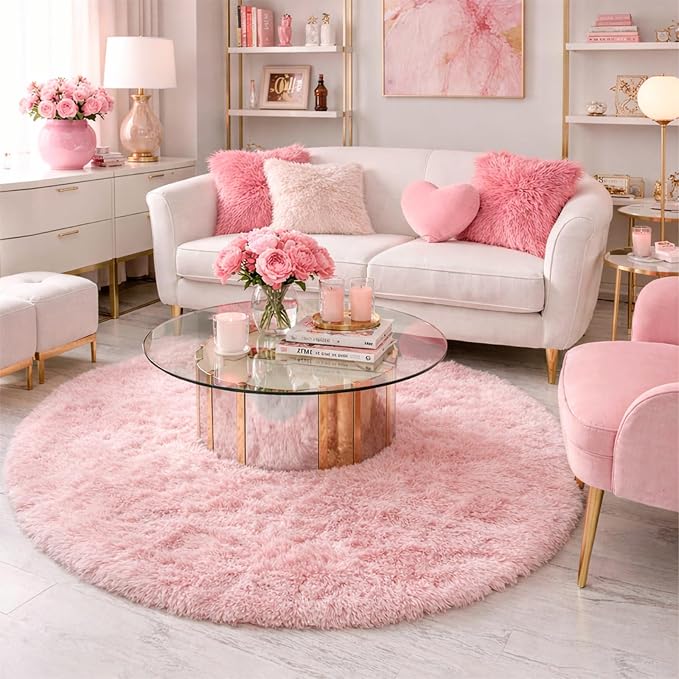 Pink Fluffy Round Rug 5Ft for Girls Bedroom Decor Aesthetic, Shaggy Circle Area - Image 4