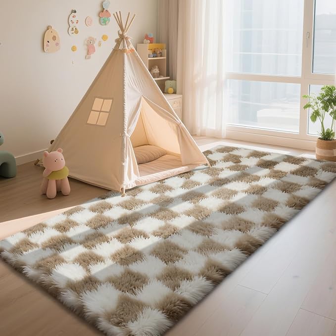 Checkered Rug for Bedroom, 2x6 Beige and White Area Rugs, Classic Checkered - Image 3
