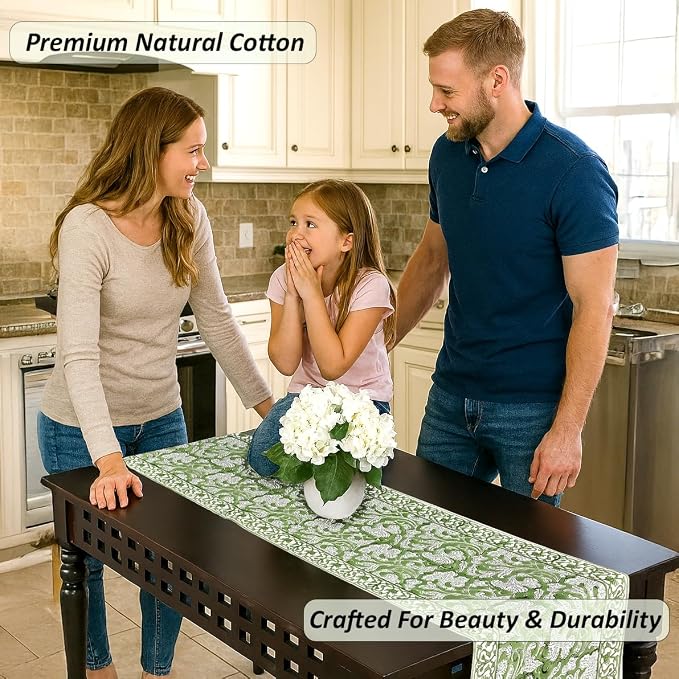 Sage Green Hand Block Print 100% Cotton Table Runner 16x90 Inch | Perfect - Image 5