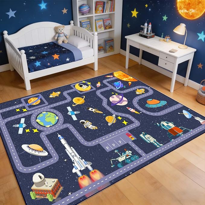 Outer Space Kid Rug, Boys Car Rug by Pyrrhiteisalwayswithyou
