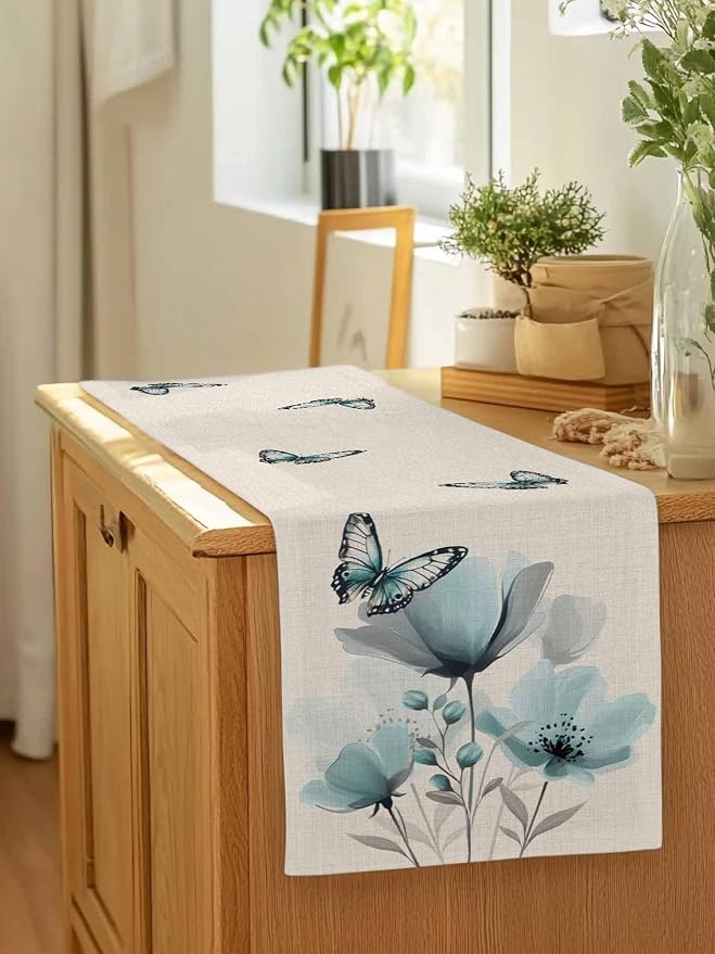 Turquoise Floral Table Runners 48 Inches Long, Spring Flowers Butterfly Table - Image 7