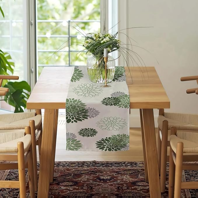 Sage Green Gray Table Runner Dahlia Pinnata Flower Beige Table Runners Modern - Image 2