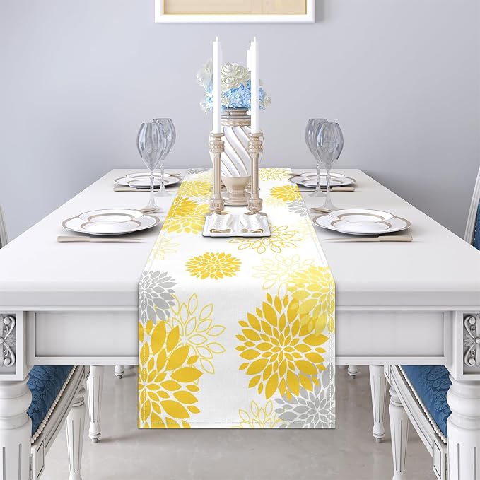 Dahlia Flower Table Runner 13x71 Inch Farmhouse Yellow Gray Runners Modern - Image 3