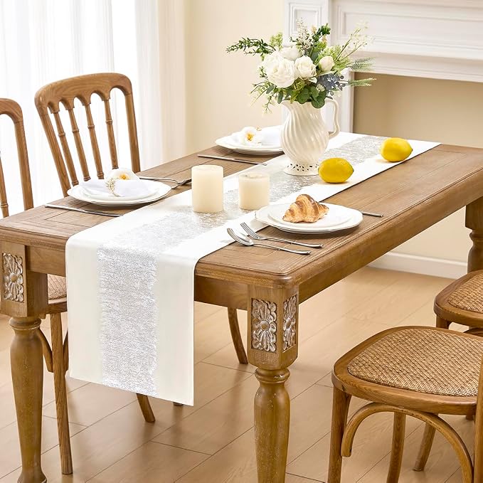 Metallic Style Silver Table Runner, Table Runners 108 Inches Long | Cotton - Image 2