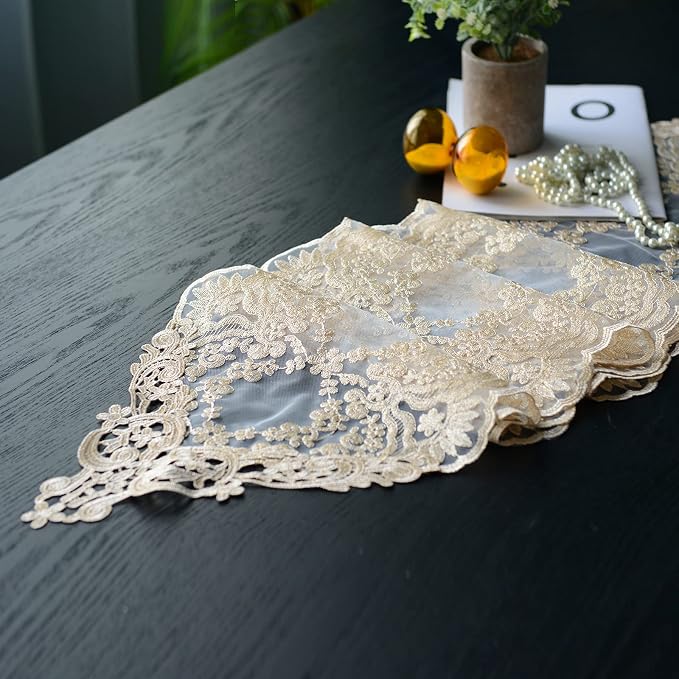 SUTAVIA Lace Table Runner 12"×108" Gold Embroidered Dresser Scarf | Classic - Image 2