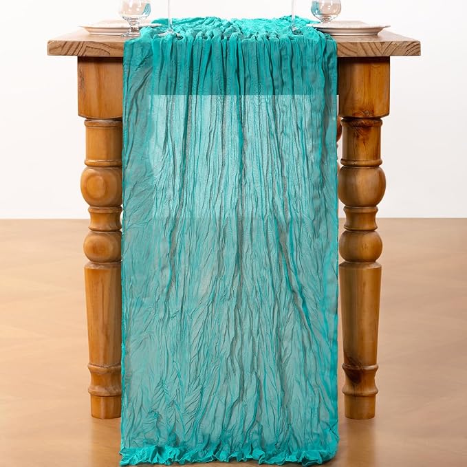 DeZerlor Teal Green Cheesecloth Table Runners 4 Pack Summer Boho Runners | - Image 4