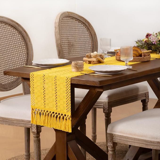 DeZerlor Yellow Boho Macrame Farmhouse Woven Table Runner 90Inch | Cotton Linen - Image 3