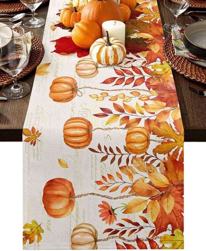 Orange Pumpkin Fall Table Runner 90 Inches Long, Thanksgiving Maple Eucalyptus by Unknown