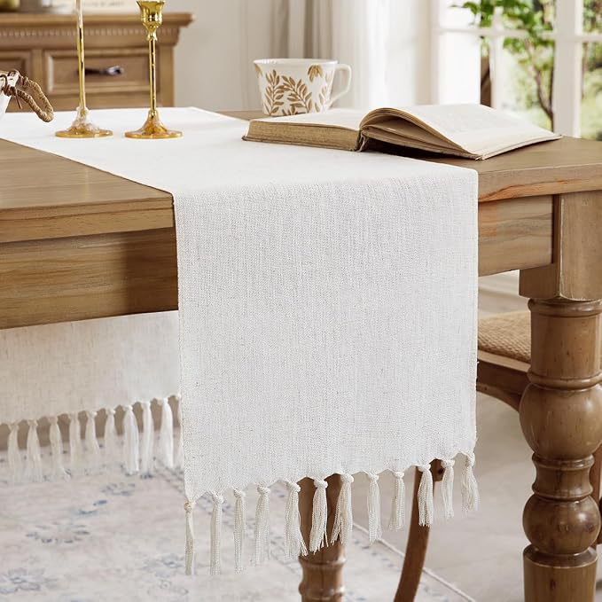 Cotton Linen Table Runner, 13x60 Inch, Off White by Aoztio