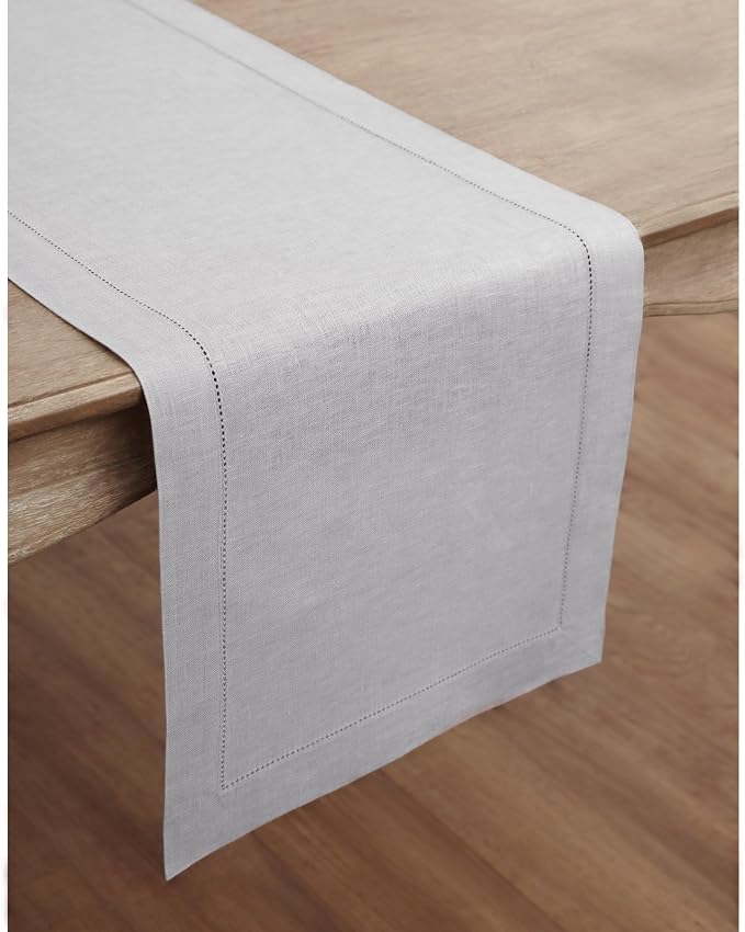 Solino Home 100% Pure Linen Table Runner Grey, Classic Hemstitch 14 x 48 in | - Image 2