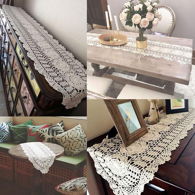 Cotton Handmade Crochet Lace Table Runner Olive Green 12x72 Inch | Oval - Image 3
