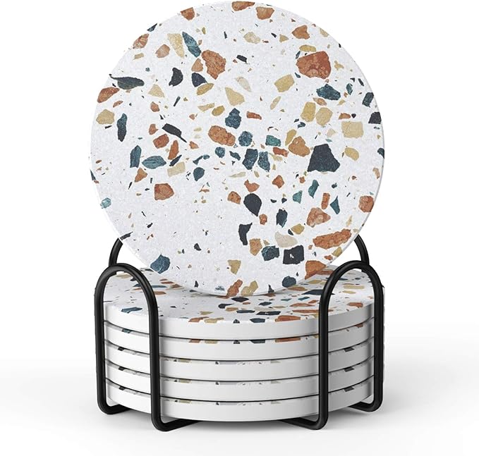 LIFVER Coasters Set of 6, Terrazzo Style Ceramic Drink Coasters by LIFVER