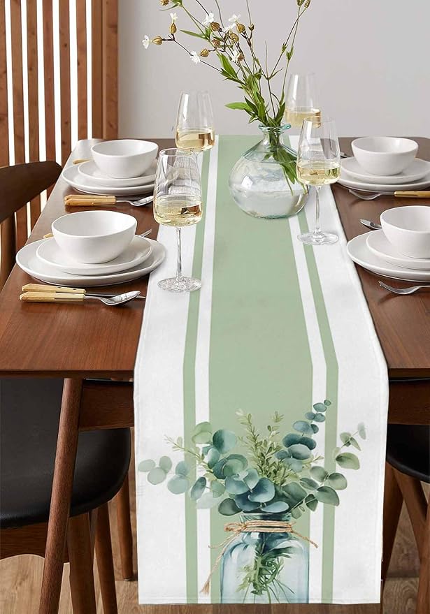 Sage Green Eucalyptus Leaves Table Runners 60 Inches Long, Farmhouse Stripe - Image 2