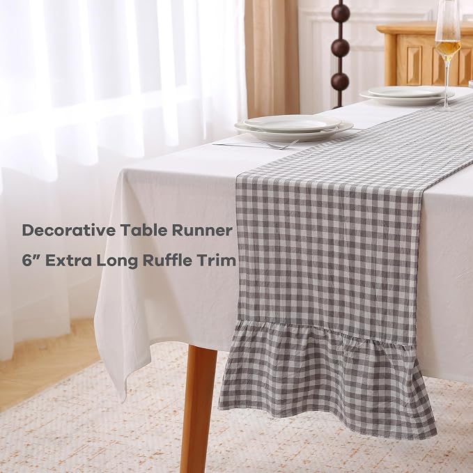 Grey White Plaid Gingham Ruffle Table Runner 72 inches Long 100% Washed Cotton - Image 3