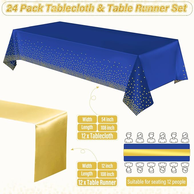 24 Pack Blue and Gold Tablecloth and Table Runner Party Decorations, Royal Blue - Image 2