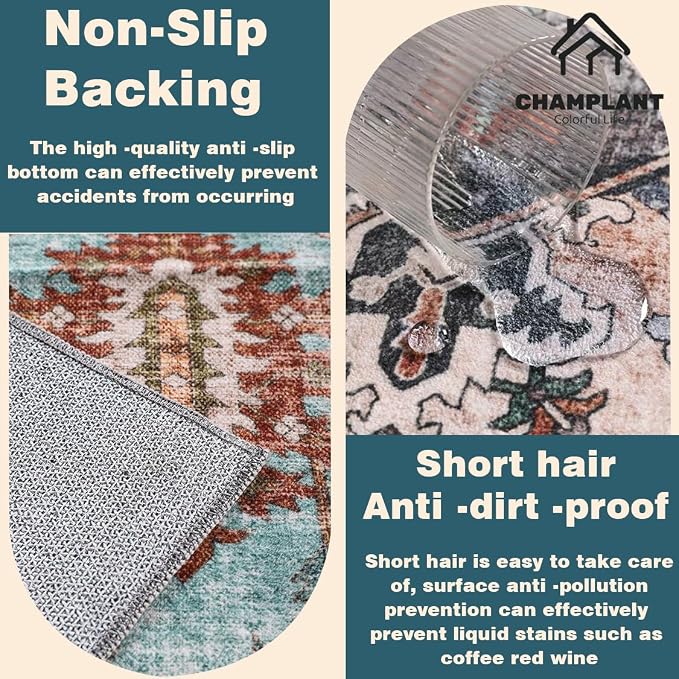 CHAMPLANT Washable Area Rug 8'x10' Floral Blue Boho Design Non-Shedding - Image 5