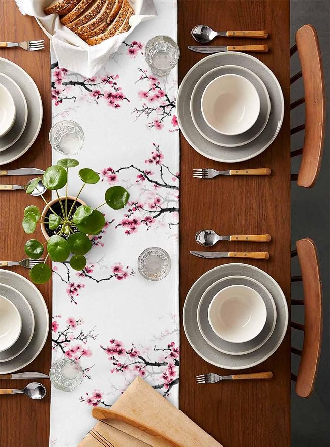 Pink Cherry Flowers Table Runners 120 Inches Long, Cotton Linen Fabric Table - Image 5