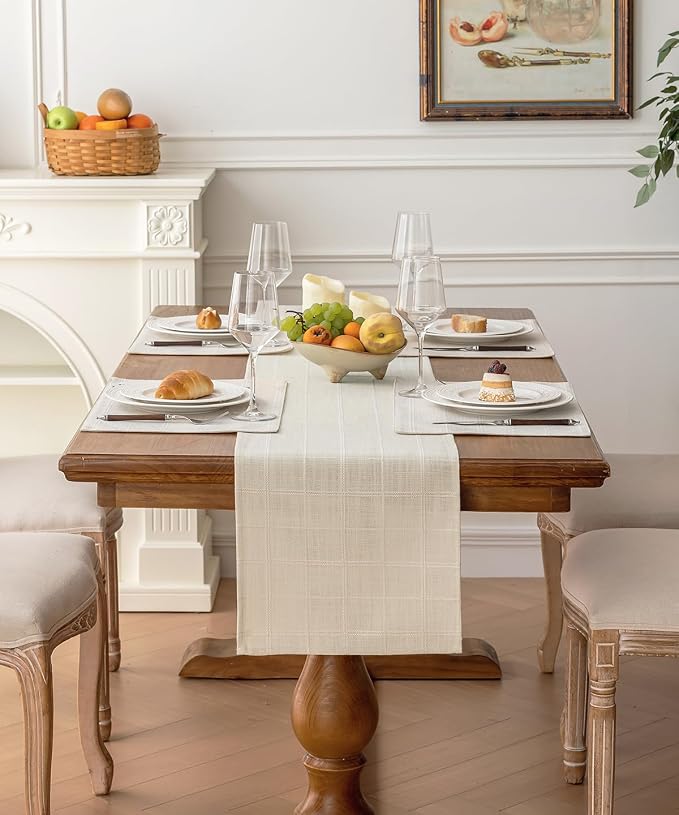 Linen Textured Table Runner, Ivory Table Runners 72 Inches Long | Raised Grid - Image 2