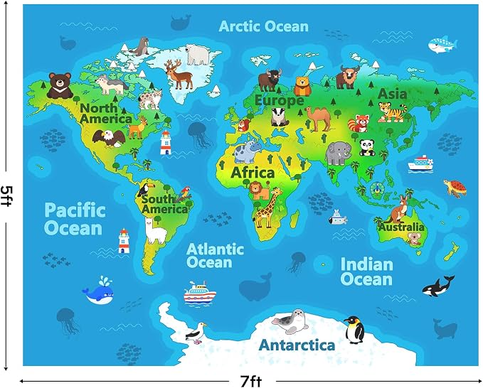 Kids Playroom Rug, 5x7ft World Map Play Mat - Image 2
