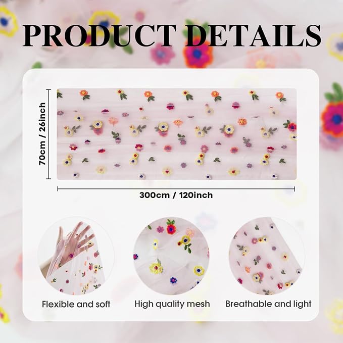 Artoid Mode 3PCS Pink Embroidery Daisy Gauze Table Runner 120 Inch 10FT | - Image 7