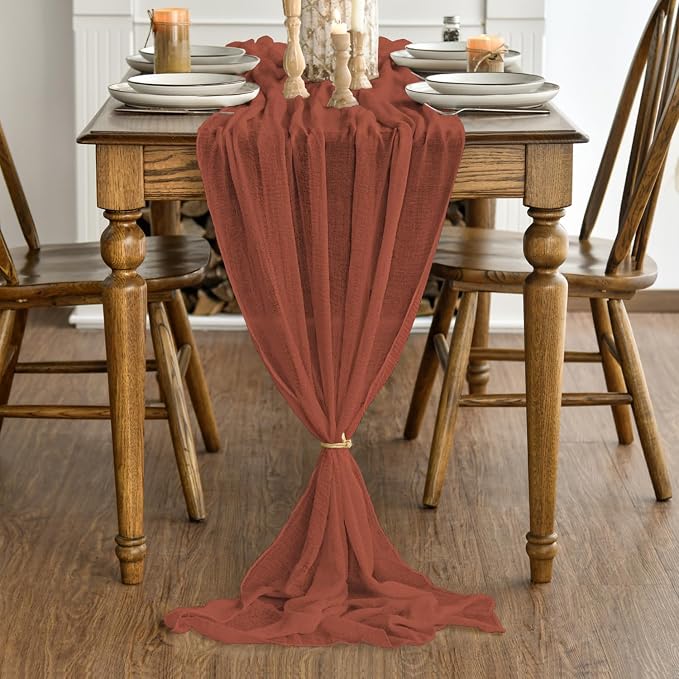 Artoid Mode Boho Cheesecloth Gauze Terracotta Wedding Table Runner, 160 Inch - Image 3