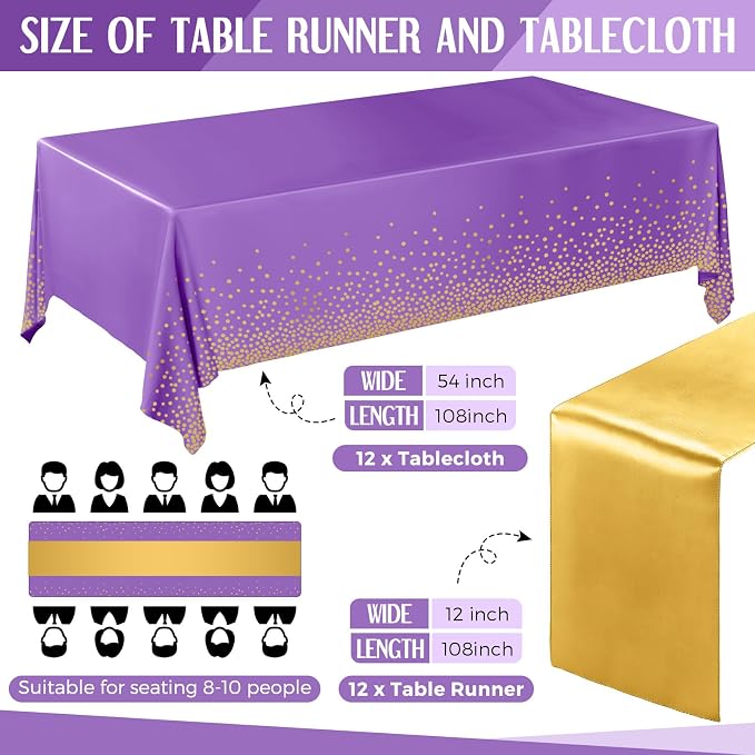 24 Pack Purple and Gold Disposable Plastic Tablecloths and Satin Table Runner - Image 2