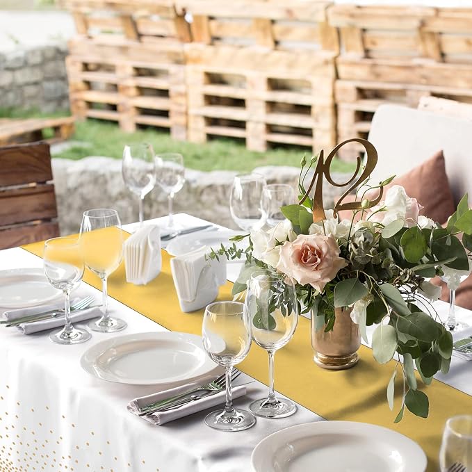 16Pack Disposable Plastic Tablecloths and Satin Table Runner Set White and Gold - Image 6