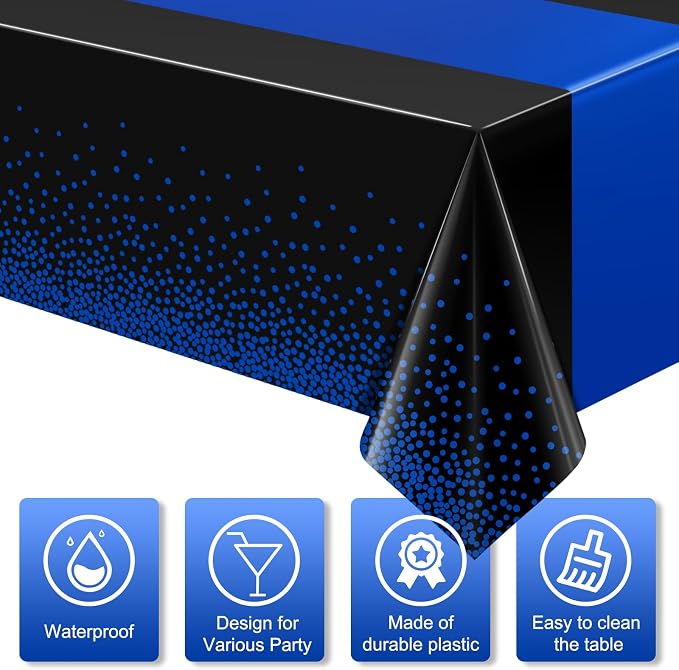 MASHAN 3Pcs Black and Blue Tablecloth Party Decorations, Plastic Black Table - Image 3