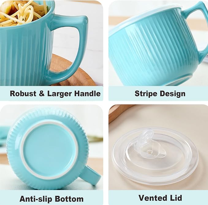 Ceramic Soup Bowl with Handle & Lid, 32oz Microwave Ramen Bowl Set of 2 | Blue - Image 7