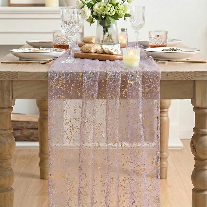 Artoid Mode 3Pcs Grayish Purple Gauze Gold Table Runner 10FT, Glitter Metallic - Image 2