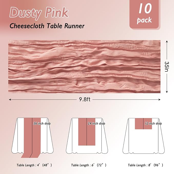 20 Pack Dusty Pink Cheesecloth Table Runner 120 Inch Boho Wedding Decor | - Image 2