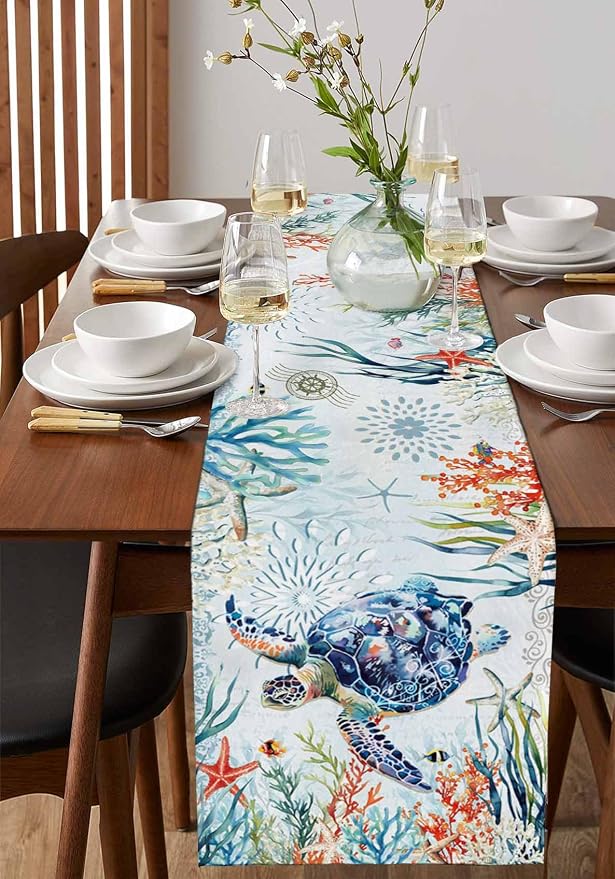 Sea Turtle Coastal Table Runners 108 Inches Long, Summer Beach Coral Table - Image 2