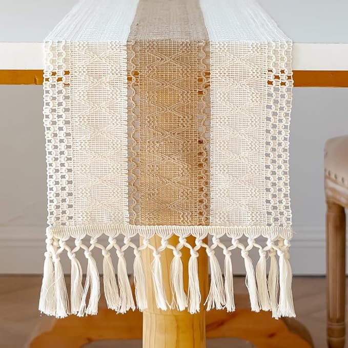 EMMTEEY Boho Table Runner with Tassels 108 Inches Long, Cream Brown | Handmade - Image 5