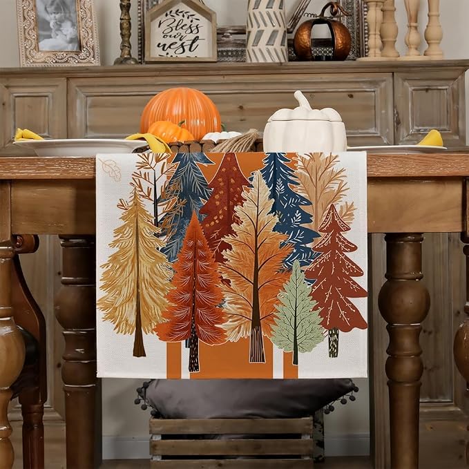 Fall Watercolor Trees & Maple Leaves Striped Table Runner 13x72 Inch, Rustic - Image 2