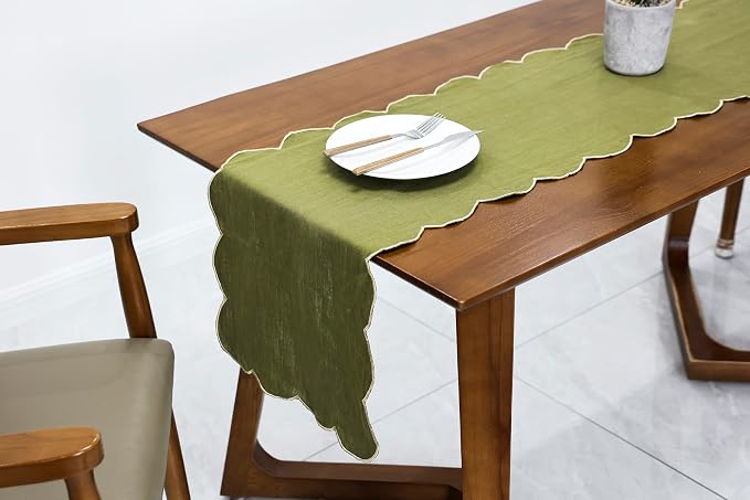 100% Natural Linen Rustic Scalloped Embroidery Table Runner 90 Inches Long - Image 4