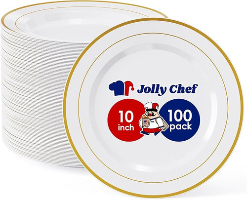 100 Pieces Gold Plastic Plates, 10 Inch Elegant Disposable Dinner White by JOLLYCHEF
