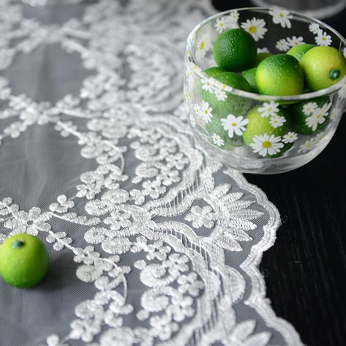 SUTAVIA Lace Patio Table Runner 12"×96" White Embroidered Dresser Scarf | - Image 5