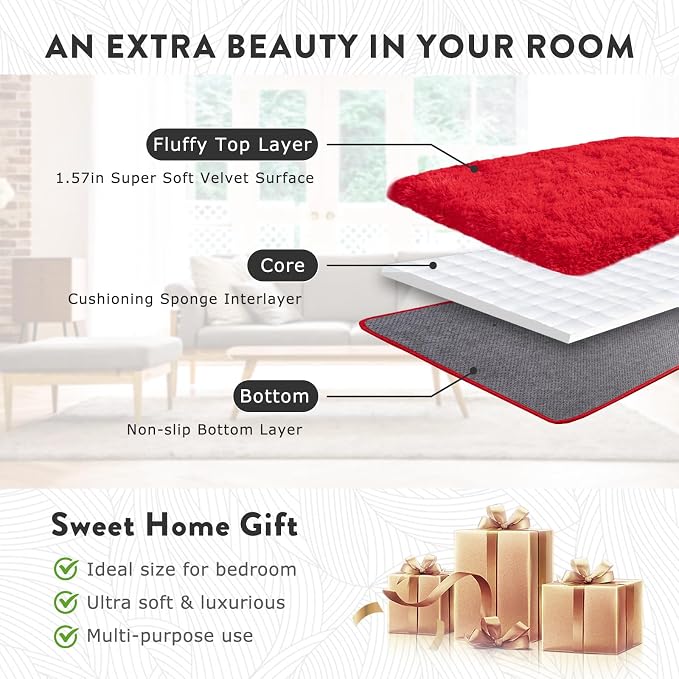 WISH TREE 5x7 Red Rugs for Bedroom, Soft Fluffy Shaggy Rugs for Living Room - Image 7