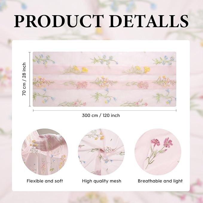 Artoid Mode Wildflower Floral Light Pink Gauze Embroidery Table Runner 120 Inch - Image 6