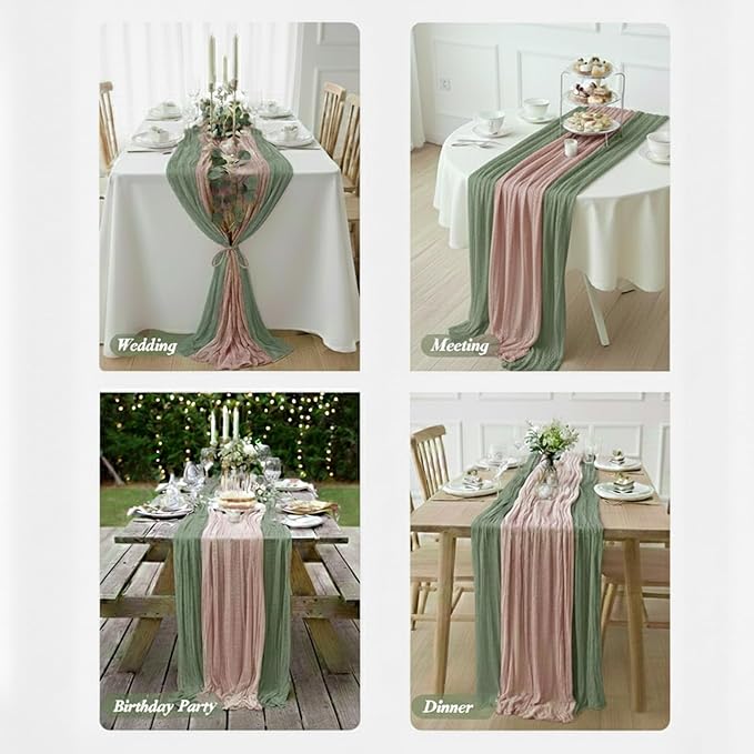 Cheesecloth Table Runner 2 Pack Sage Green and Dusty Pink, Boho Gauze Table - Image 5