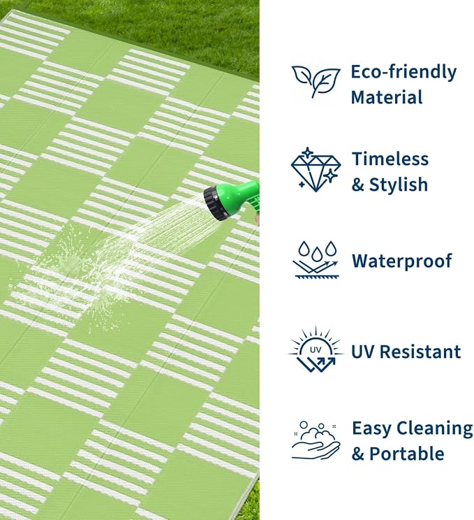 Garvee Waterproof Outdoor Rug 10x14, Checkered Foldable Plastic Straw Patio - Image 2