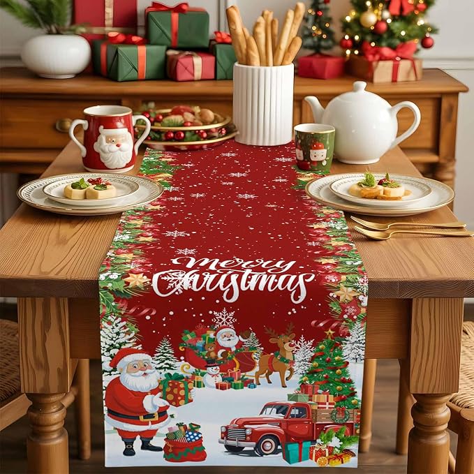 Merry Christmas Table Runner 36 Inches Long, Santa Xmas Tree Snowflake Table - Image 5