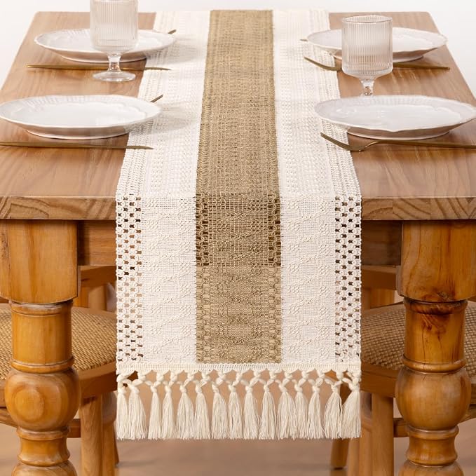 DeZerlor Ivory& Burlap Boho Macrame Farmhouse Woven Table Runner 60Inch | - Image 3