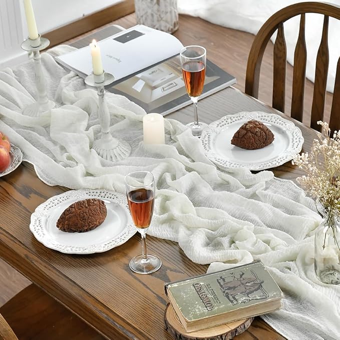 Artoid Mode Boho Cheesecloth Gauze Ivory Wedding Table Runner, 160 Inch - Image 3