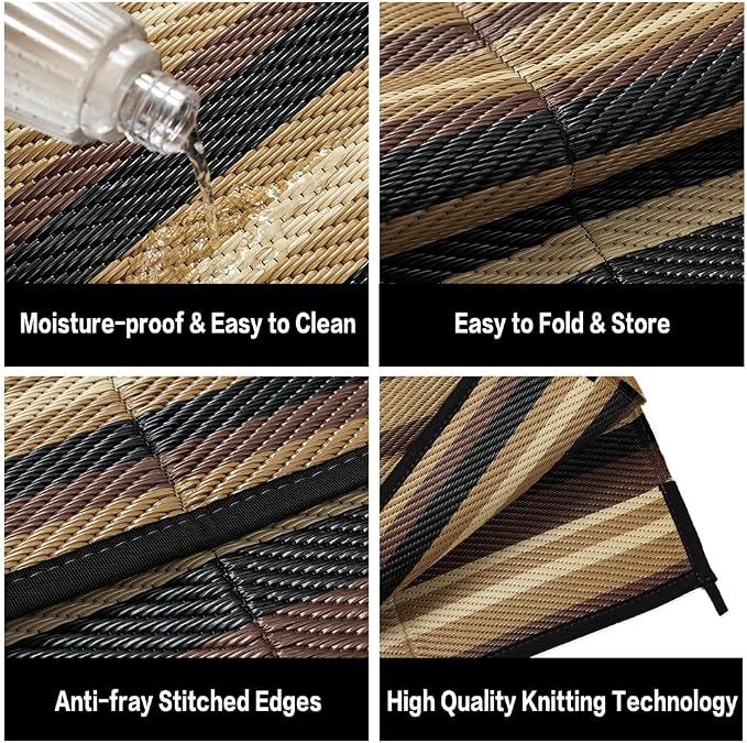 Outdoor Plastic Straw Rug Waterproof Patio 9x12 Brown Black Stripe Mat - Image 6